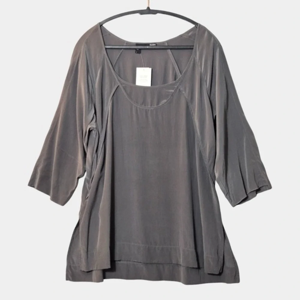 Eileen Fisher Silk Crepe de Chine Round Neck Easy Top Gray L Quiet Luxury NWT - Picture 1 of 11